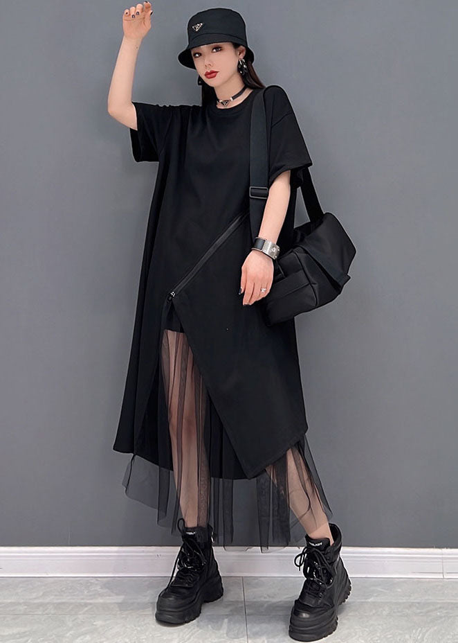 Black Tulle Patchwork Cotton Pullover Streetwear Dresses Zip Up Short Sleeve