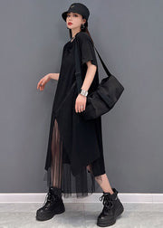 Black Tulle Patchwork Cotton Pullover Streetwear Dresses Zip Up Short Sleeve