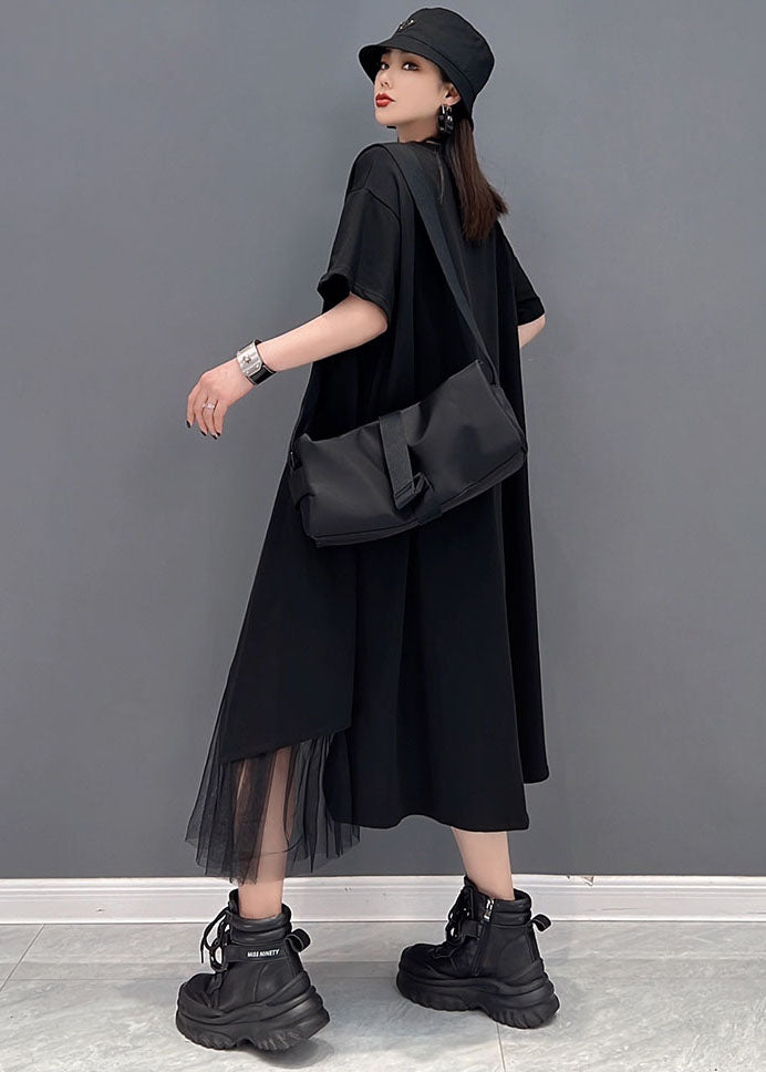 Schwarzer Tüll-Patchwork-Baumwollpullover Streetwear-Kleider mit Reißverschluss und kurzen Ärmeln