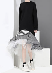 Black Tulle Patchwork Holiday Dress O-Neck Ruffles Asymmetrical Spring