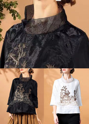 Black Tulle Patchwork Silk Blouses Embroidered Bracelet Sleeve