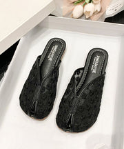 Black Tulle Slide Sandals Hollow Out Embroidery Splicing