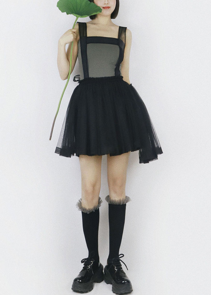 Schwarzes kurzes Kleid mit Tüllriemen, einfarbig, elastischer Bund, Sommer