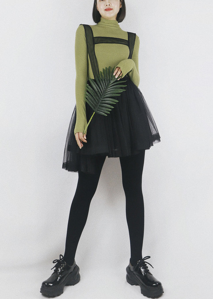 Black Tulle Strap Short Dress Solid Color Elastic Waist Summer
