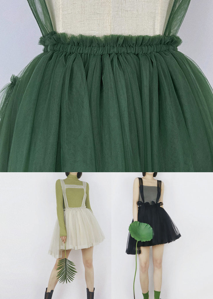 Black Tulle Strap Short Dress Solid Color Elastic Waist Summer