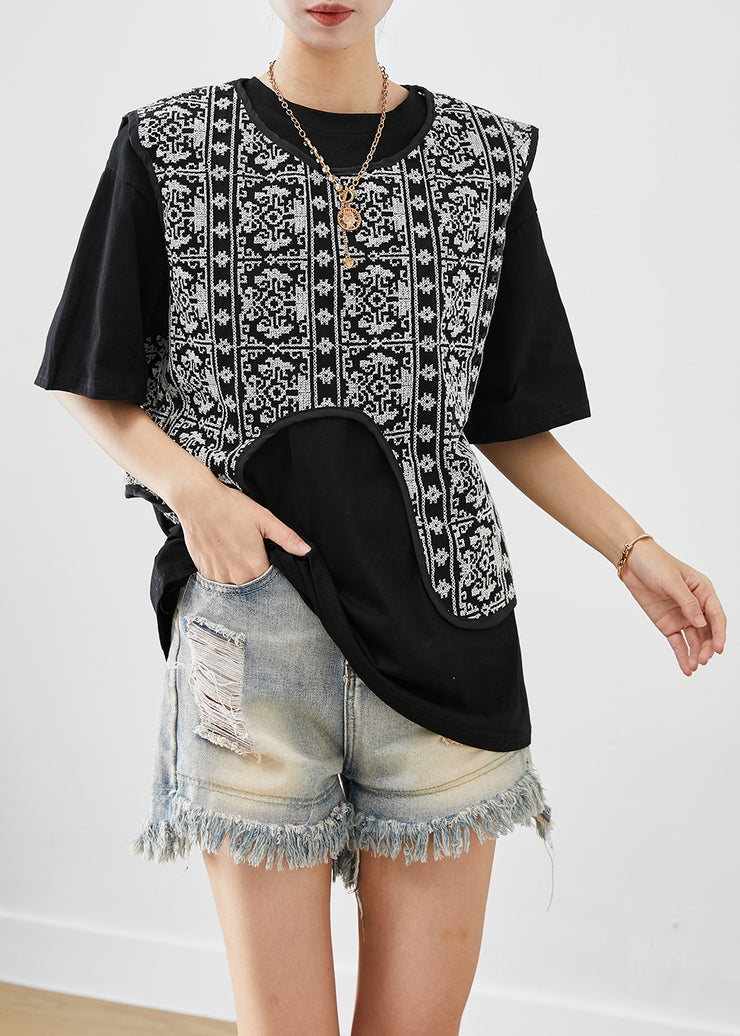 Black Tulle Vest And Tank Two Piece Set Asymmetrical Embroidered Summer