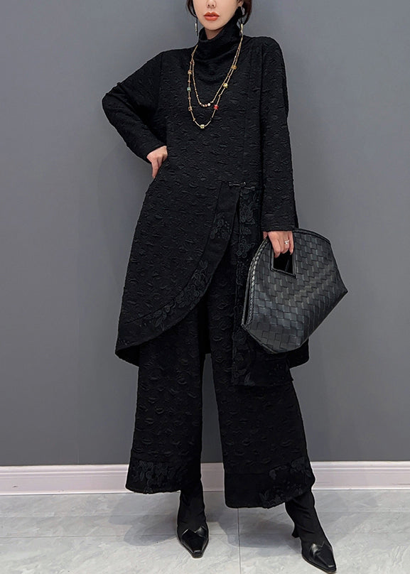 Black Turtleneck Asymmetrical Patchwork Top And Pants Two Pieces Set Fall