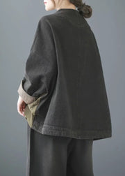 Black V Neck Button Knit Denim Coats Long Sleeve