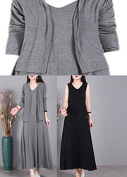 Black V Neck Cotton Cardigans And Dress Two Pieces Set Long Sleeve