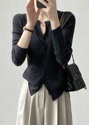 Black V Neck Fake Two Pieces Knit Cardigans Long Sleeve