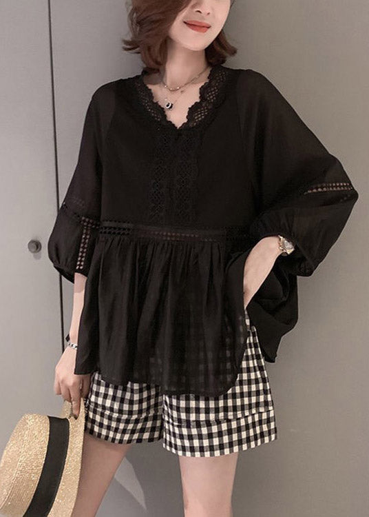 Black V Neck Hollow Out Lace Top Long Sleeve