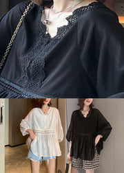 Black V Neck Hollow Out Lace Top Long Sleeve