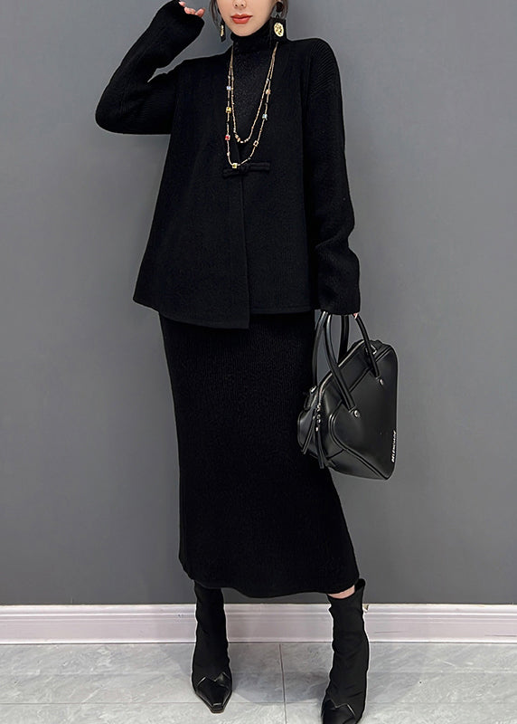 Black V Neck Knit Cardigans And Skirts Two Pieces Set Winter