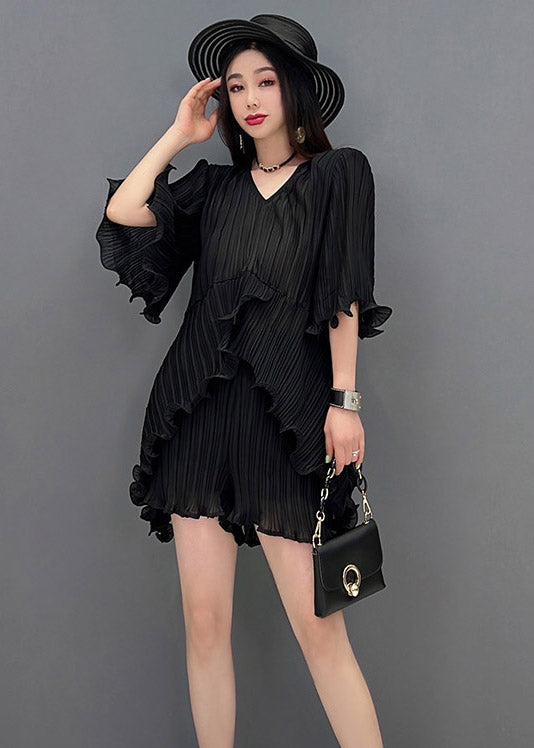 Black V Neck Ruffles Silk Top And Shorts Two Pieces Set Summer