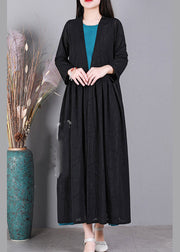Black V Neck Solid Cinched Linen Cardigans Long Sleeve