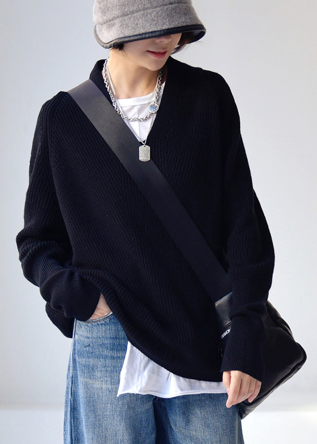 Black V Neck Thick Cotton Knit Sweaters Batwing Sleeve