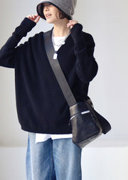 Black V Neck Thick Cotton Knit Sweaters Batwing Sleeve