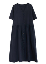 Black V Neck Wrinkled Cotton Long Dress Short Sleeve