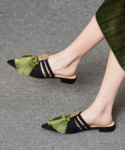 Black Velour Tassel Fashion Splicing Slide Sandals Pointed Toe