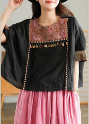 Black Vintage Embroidered Linen Women T-shirt - SooLinen