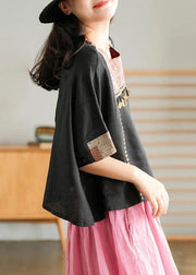 Black Vintage Embroidered Linen Women T-shirt - SooLinen