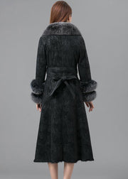 Black Warm Faux Rabbit Leather And Fur Coats Fox Collar Tie Waist Winter