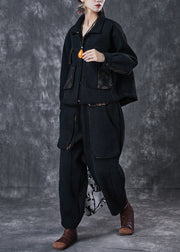 Black Warm Fleece Corduroy Two Piece Set Outfits Oversized Pockets Winter
