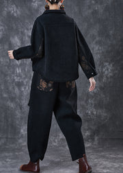 Black Warm Fleece Corduroy Two Piece Set Outfits Oversized Pockets Winter