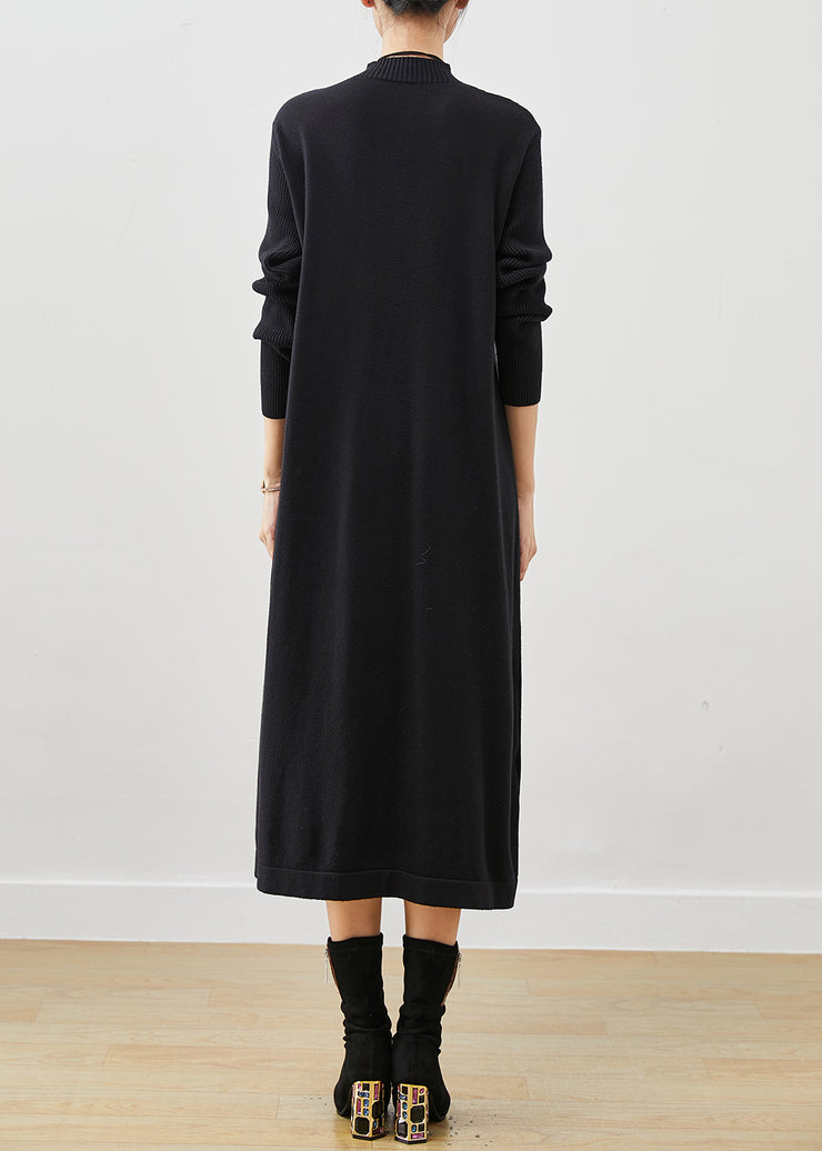 Black Warm Knit Pleated Sweater Dress Stand Collar Winter