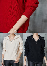 Black Warm Knit Sweater Tops Zip Up Spring