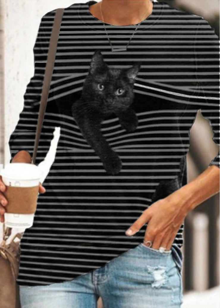 Schwarz-weiß gestreifter Katzendruck O-Ausschnitt Langarm Plus Size Casual T-Shirts