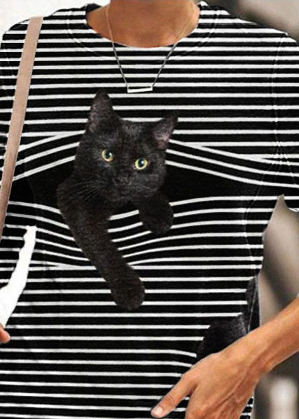 Schwarz-weiß gestreifter Katzendruck O-Ausschnitt Langarm Plus Size Casual T-Shirts