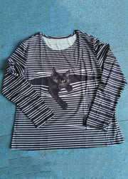 Black Whiet Striped Cat Print O-neck Long Sleeve Plus Size Casual T-shirts