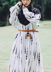 Black White Dot Circle Peter Pan Collar Cotton Long sleeve Dress - SooLinen