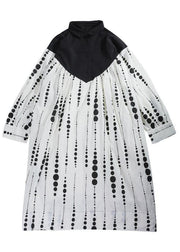 Black White Dot Circle Peter Pan Collar Cotton Long sleeve Dress - SooLinen