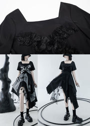 Black White Patchwork Tulle Cotton Original Design Dress Square Collar Summer