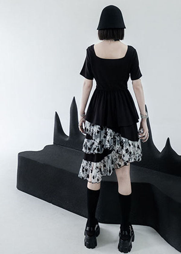 Black White Ruffles Tulle Patchwork Cotton Dress Square Collar Asymmetrical Design Summer