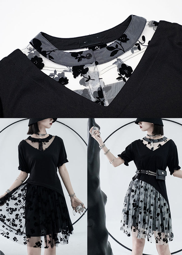 Black White Tulle Patchwork Cotton Streetwear Dresses Print Short Sleeve