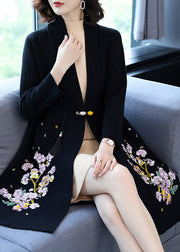 Black Woolen Trench Coats Embroidered Thick Long Sleeve