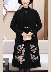 Black Woolen Trench Coats Embroidered Thick Long Sleeve