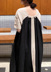 Black Wrinkled Bow Maxi Dresses Short Sleeve