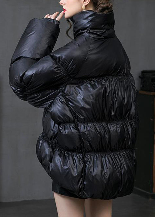 Black Wrinkled Duck Down Coat Stand Collar Long Sleeve