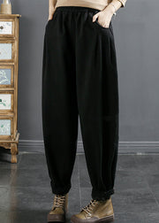 Black Wrinkled Patchwork Fleece Harem Pants High Waist