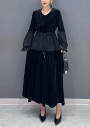 Black Wrinkled Patchwork Velour Long Dress Hooded Long Sleeve