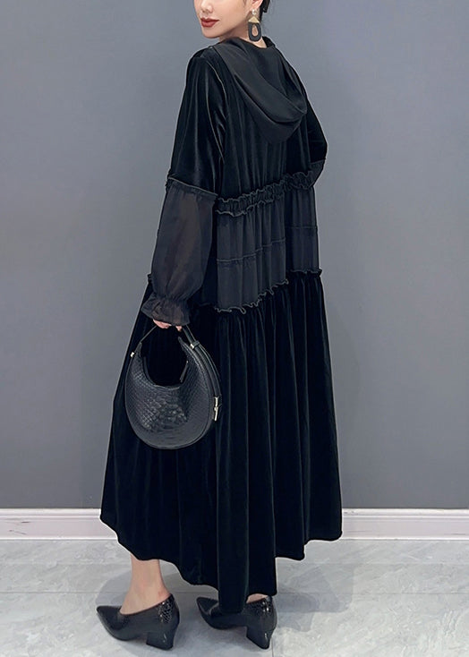 Black Wrinkled Patchwork Velour Long Dress Hooded Long Sleeve