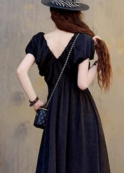 Black Wrinkled Pockets Patchwork Cotton Maxi Dresses V Neck Short Sleeve