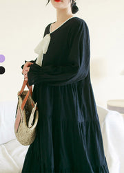 Black Wrinkled Solid Cotton Long Dress Long Sleeve