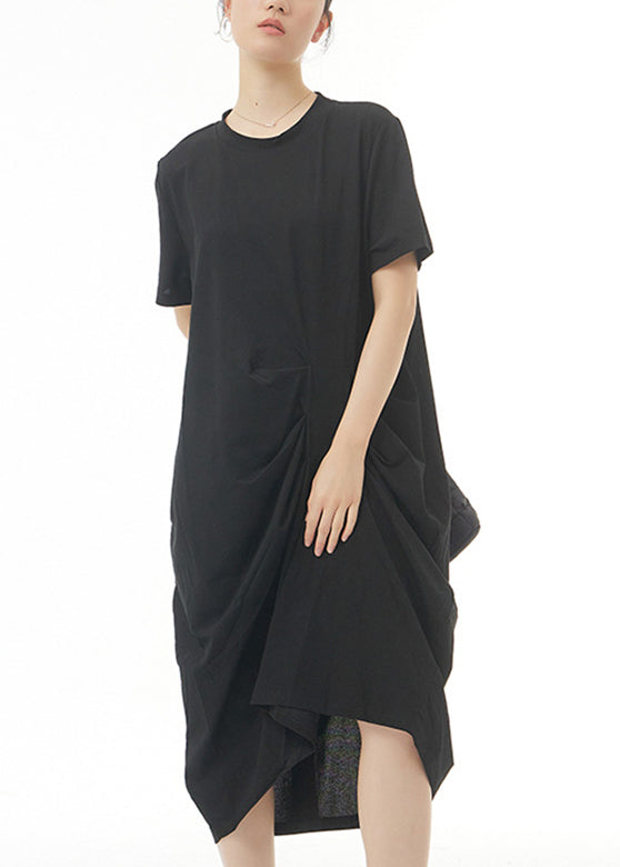 Black Wrinkled Solid Cotton Long Dress Short Sleeve