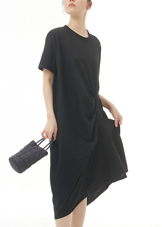 Black Wrinkled Solid Cotton Long Dress Short Sleeve