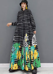 Black Zebra Print Exra Large Hem Cotton Shirt Dress Stand Collar Button Long Sleeve
